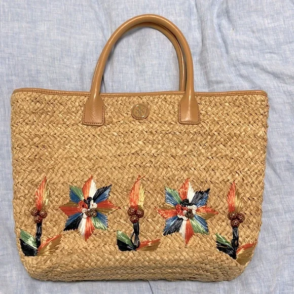 Tory Burch Rae Floral Raffia Embellished Lined Straw Tote Bag w Leather Straps - Picture 2 of 6